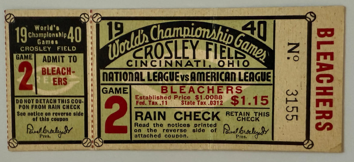 1940 World Series Game 2 at Crosley Field Ticket Stub