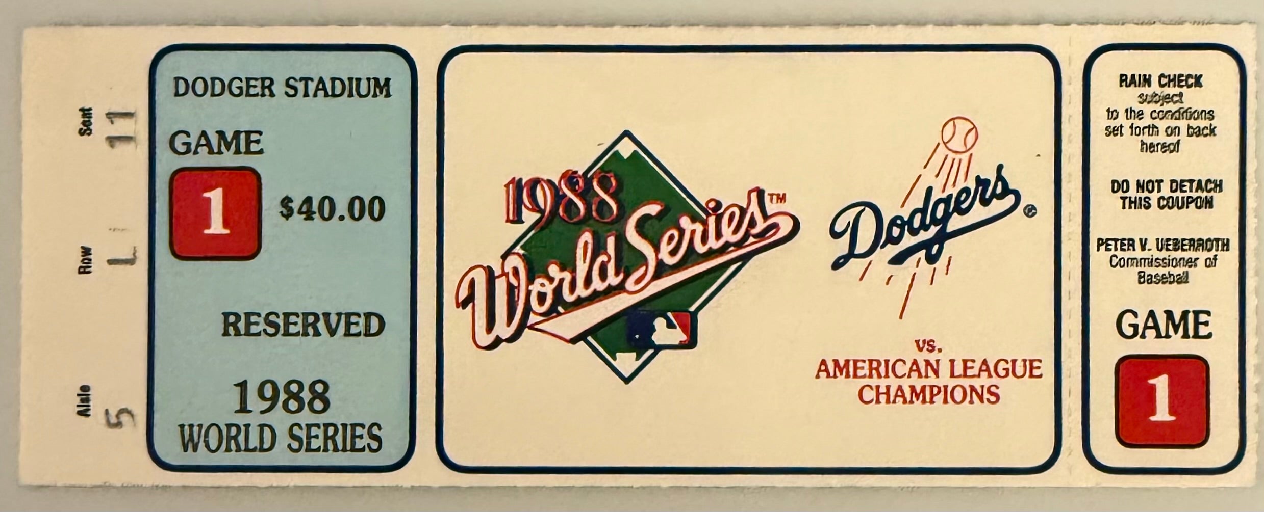 1988 World Series, Game 1, Dodgers -5 Athletics-4, October 15, Kirk Gibson Home Run-Very Good Condition