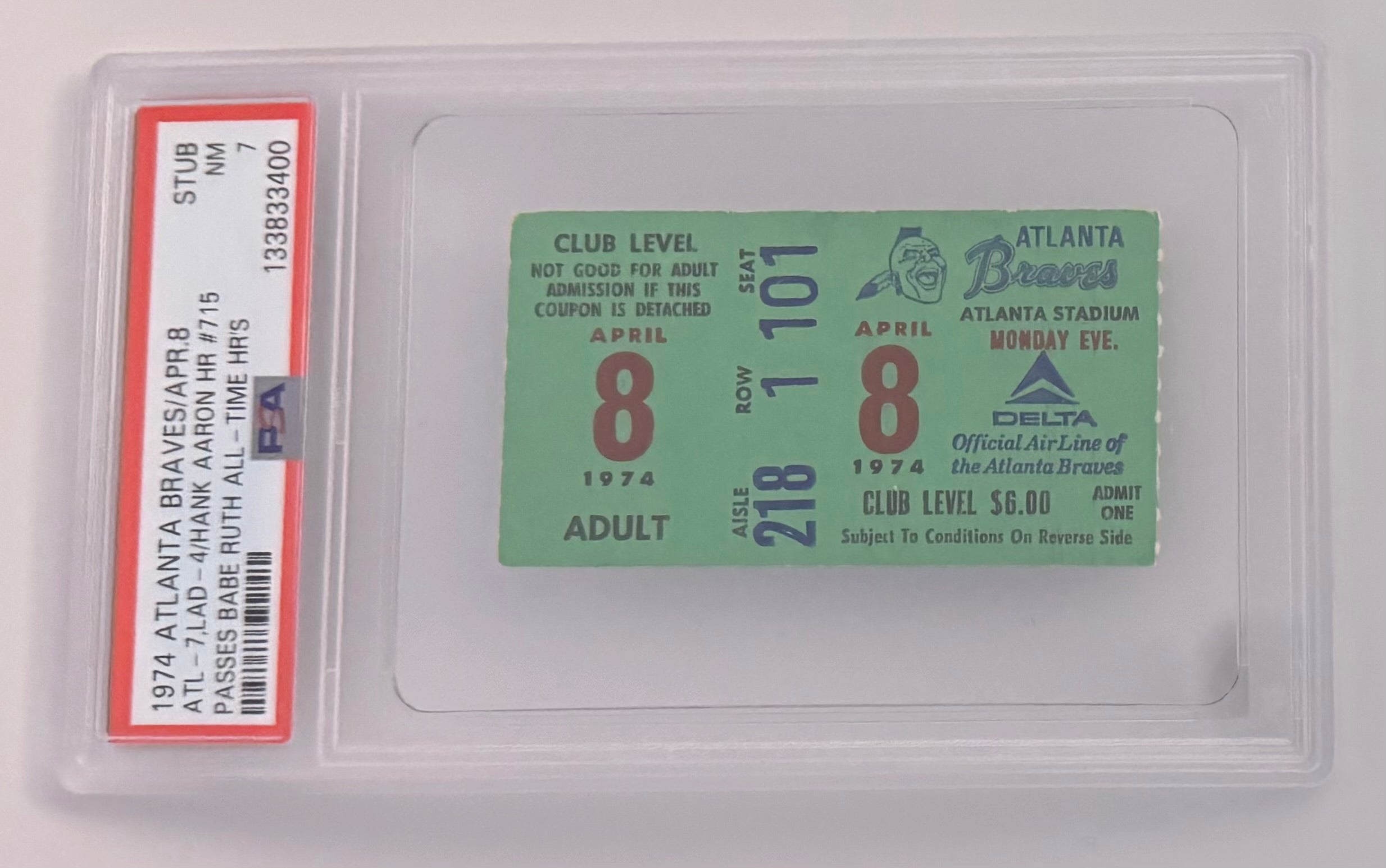 April 8, 1974, Aaron Breaks Ruth Home Run Record, Graded PSA NM Seven