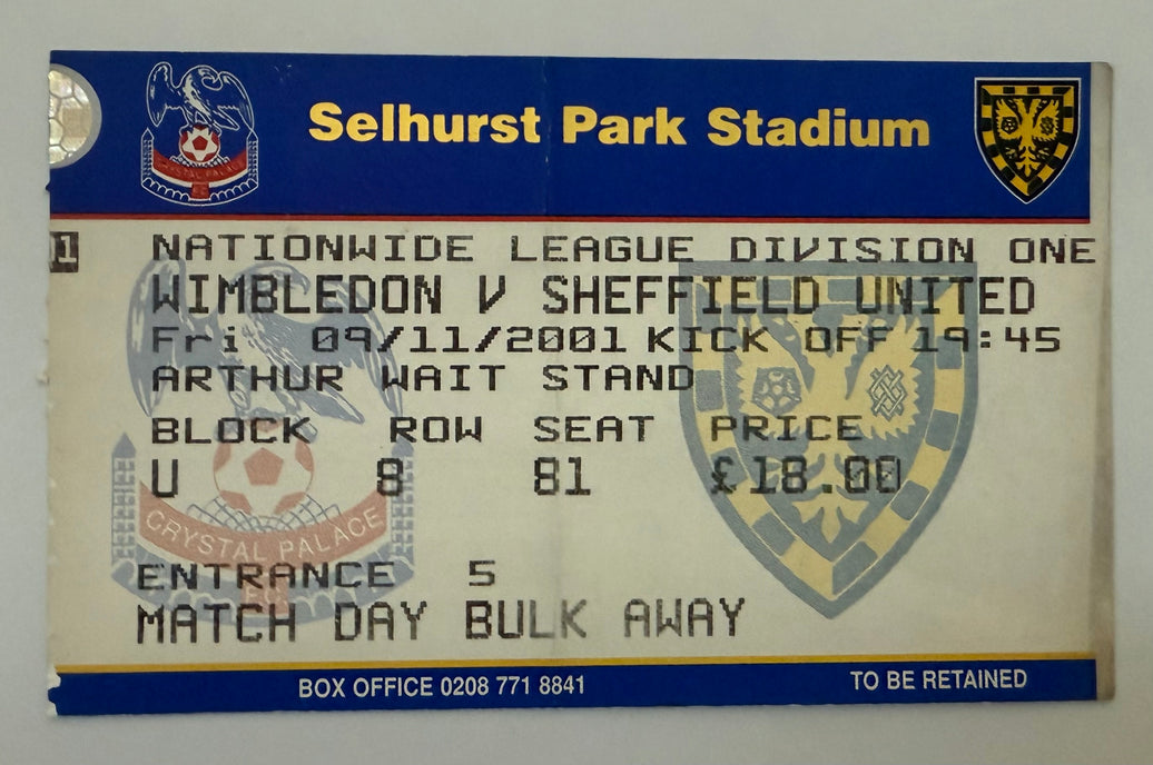 2001 Ticket Noted for Infamous Date of 9/11/2001, Wimbledon versus Sheffield United, Nationwide League Division One Soccer, Writing on Back