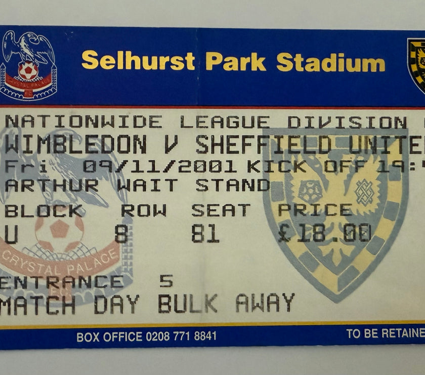 2001 Ticket Noted for Infamous Date of 9/11/2001, Wimbledon versus Sheffield United, Nationwide League Division One Soccer, Writing on Back