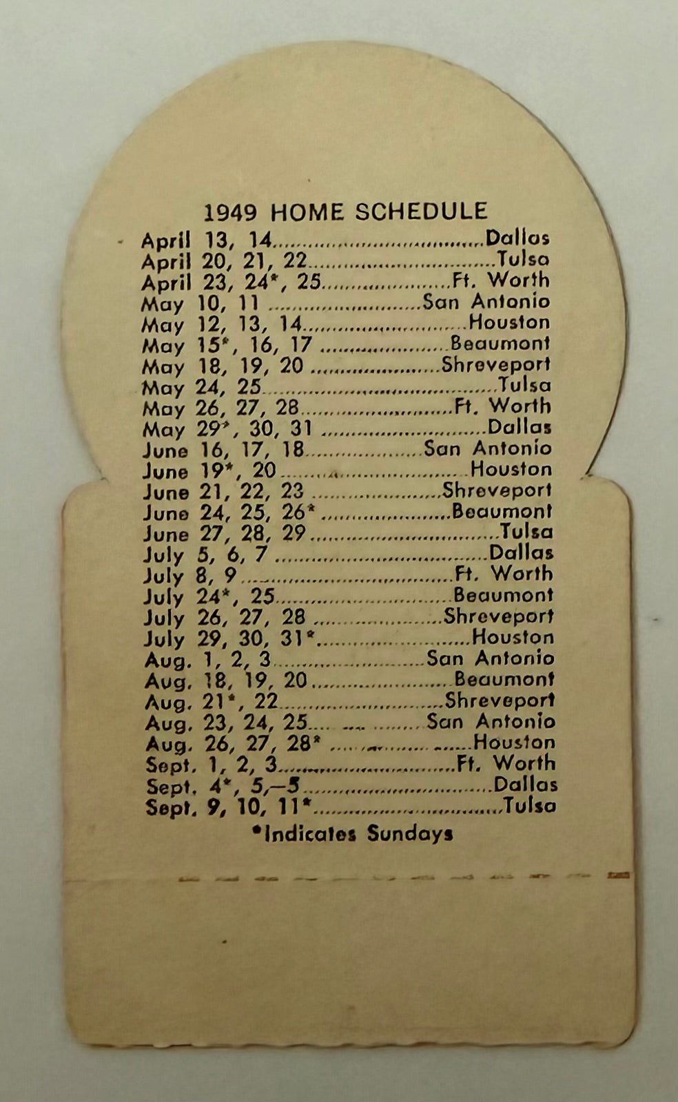 1949 Die Cut Ticket, Opening Day of the Oklahoma Indians, Texas League, April 13, 1949