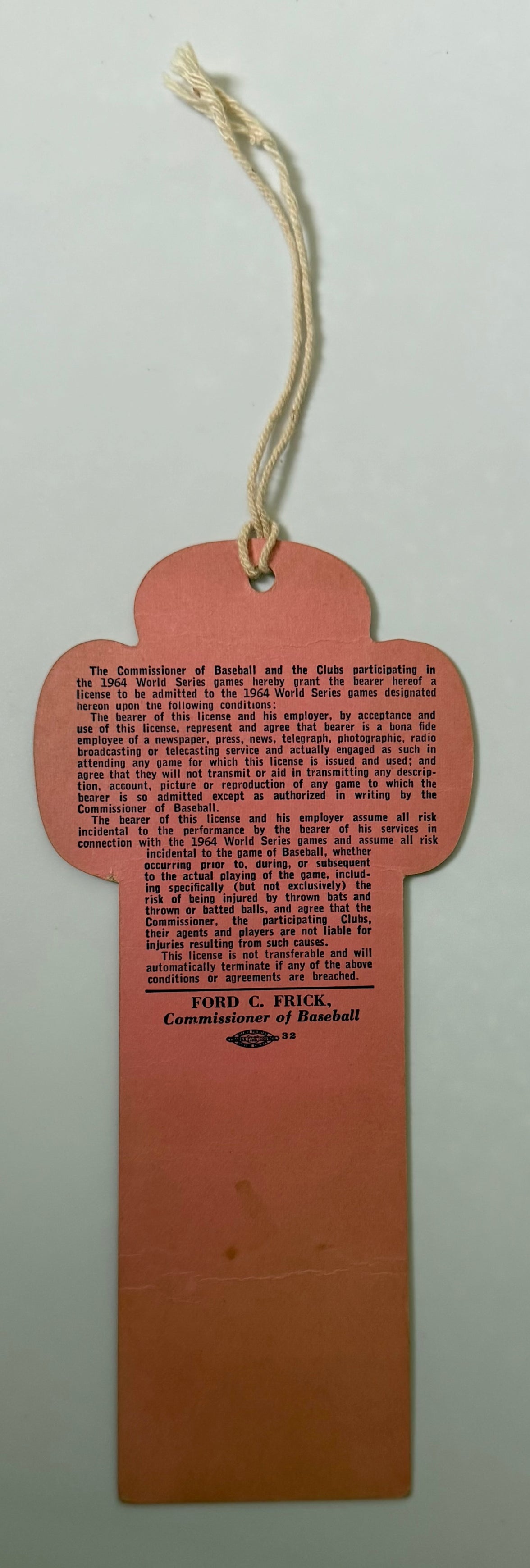 1964 Yankees World Series Field Level Press Pass