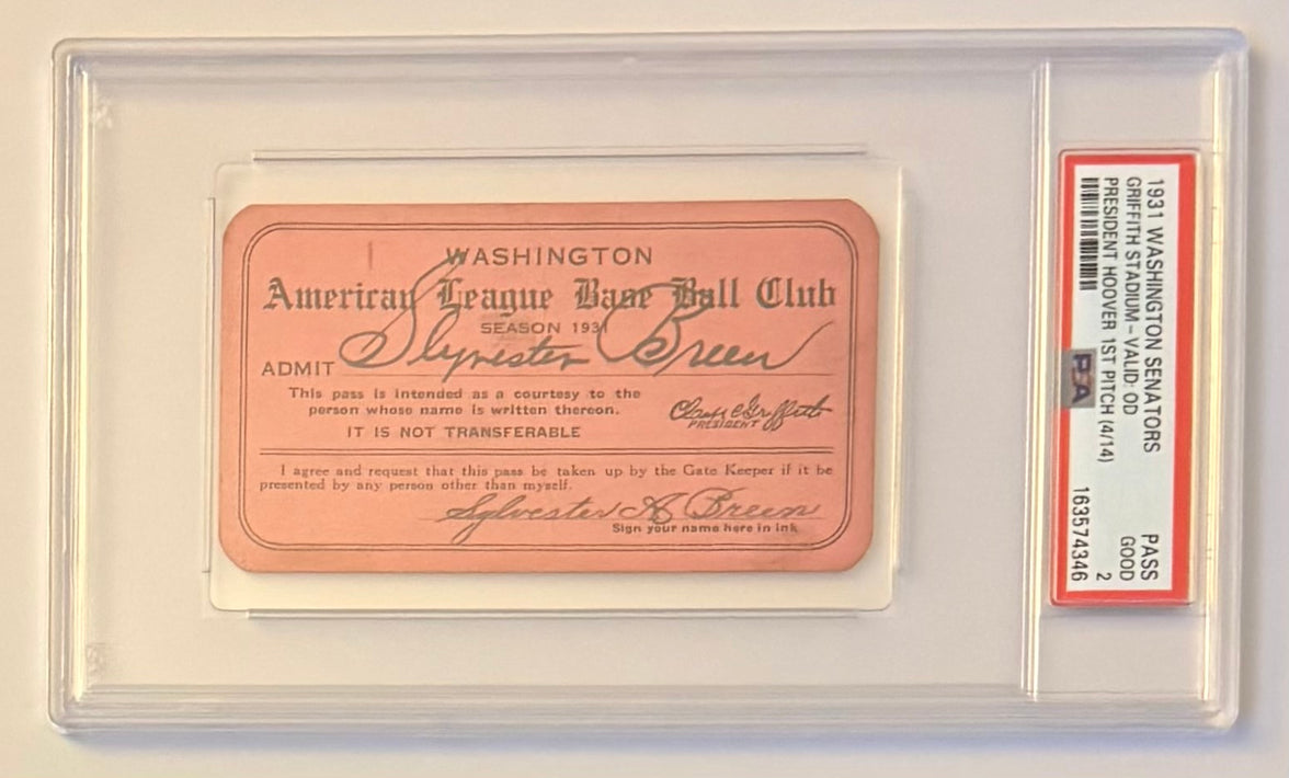 1931 Washington Senators Season Pass, Herbert Hoover First Pitch 4/14