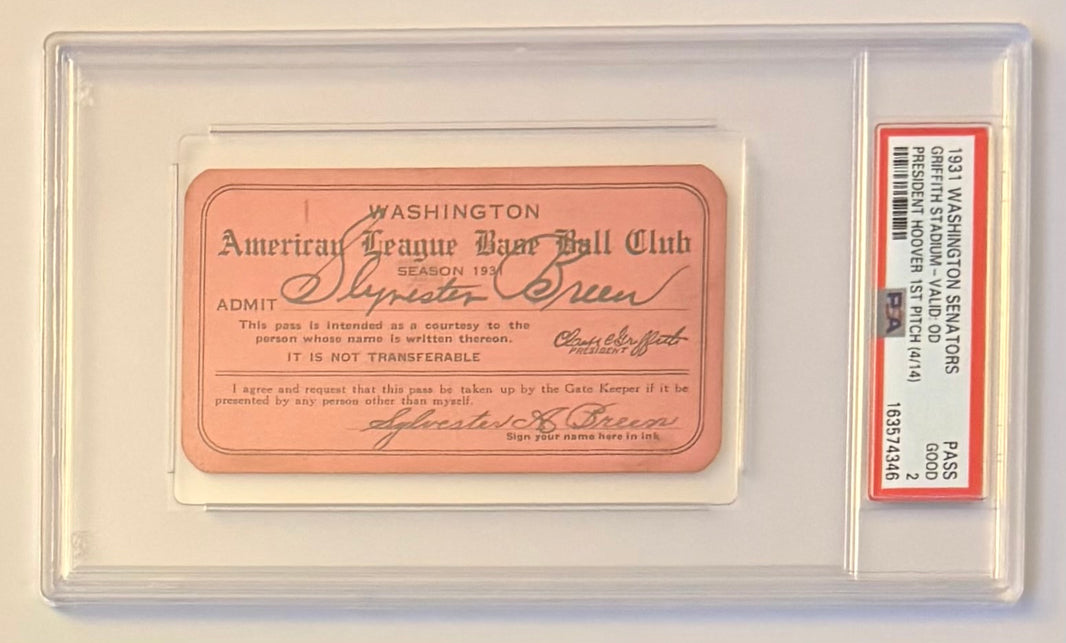 1931 Washington Senators Season Pass, Herbert Hoover First Pitch 4/14