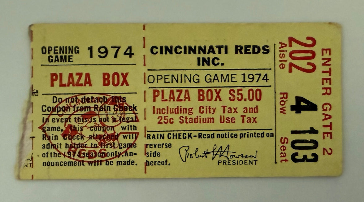 1974 Cincinnati Reds Opening Day Game, Hank Aaron ties Babe Ruth's Home Run Record.  Also, Marty Brennaman Debut