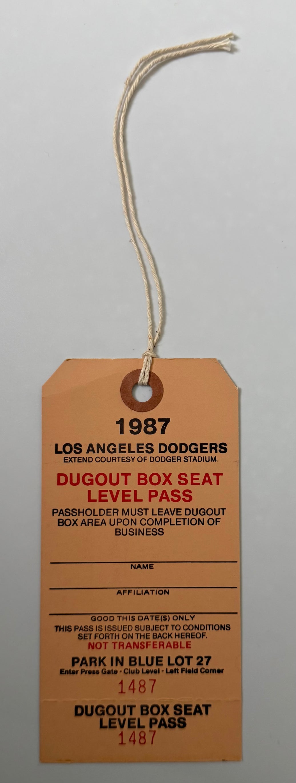 1987 Los Angeles Dodgers, Dugout Box Seat Level Press Pass