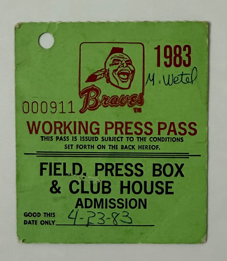 1983 Press Pass for Atlanta Braves,  Field, Press Box and Clubhouse, April 23, 1983