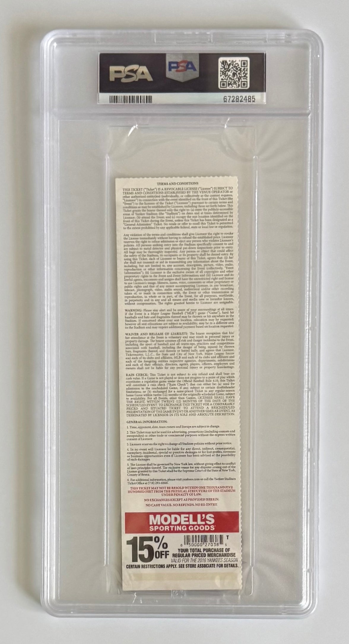 2016 New York Yankees Ticket, Graded PSA Full Mint 9, Aaron Judge MLB Debut and HR #1, 8/13/16