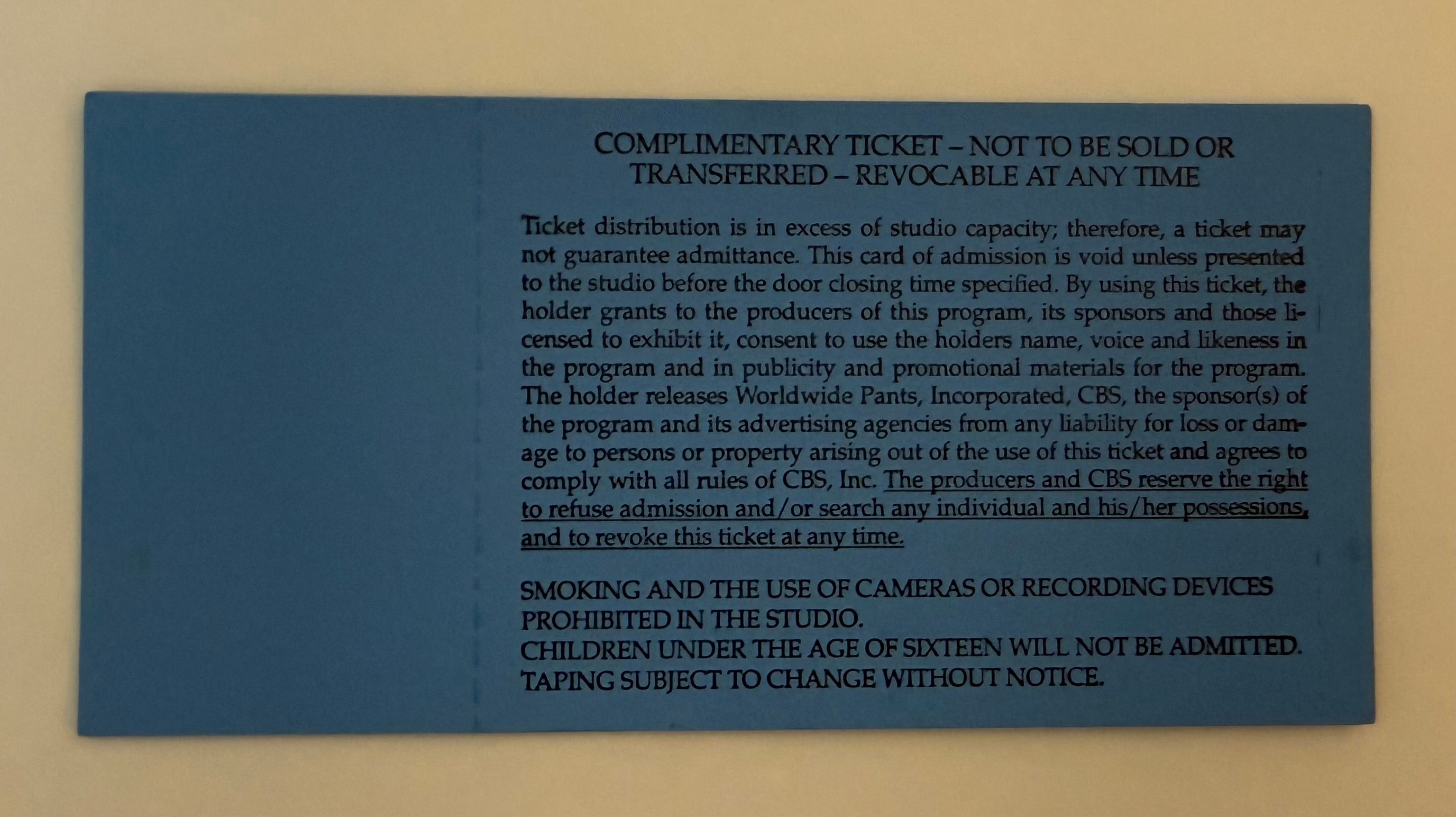 1993 Full Ticket First Late Show with David Letterman, CBS, August 30, 1993