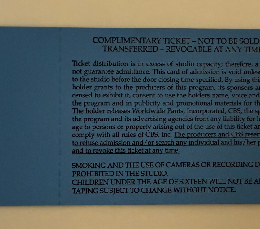 1993 Full Ticket First Late Show with David Letterman, CBS, August 30, 1993