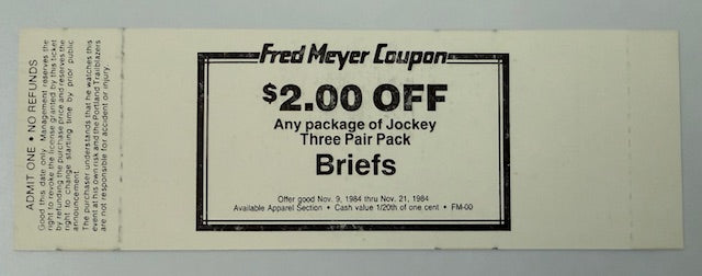 1984  Portland Trailblazers vs Los Angeles Lakers, 11/9/1984, Magic Johnson pictured on stub