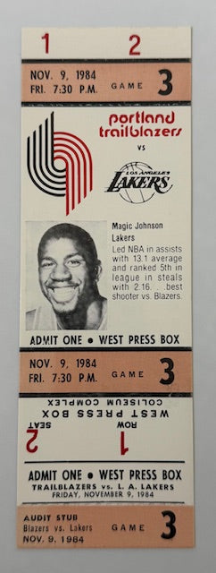 1984  Portland Trailblazers vs Los Angeles Lakers, 11/9/1984, Magic Johnson pictured on stub