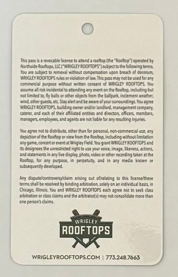 2019 Ticket to the Wrigley Rooftops 3639 N. Sheffield Chicago Cubs versus New York Mets June 20, 2019