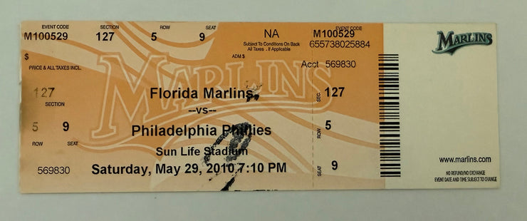2010 Florida Marlins versus Philadelphia Phillies  Roy Halladay Pitches Perfect Game May 29, 2010, Mark