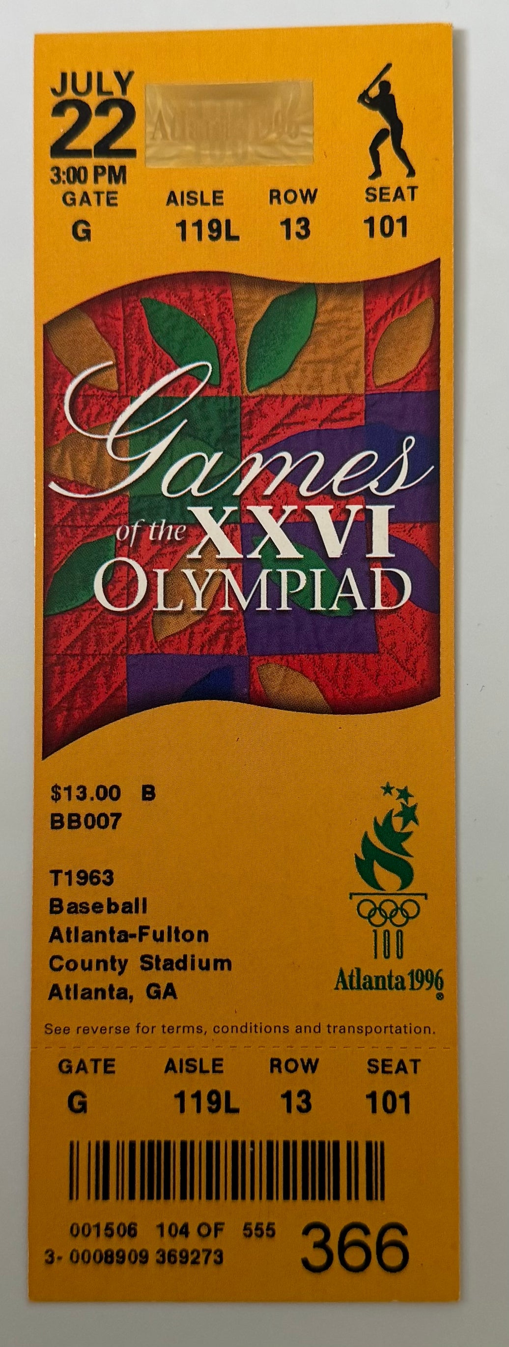 1996 Atlanta Olympics Games,  Baseball,  July 22, 1996, Mint Condition Ticket