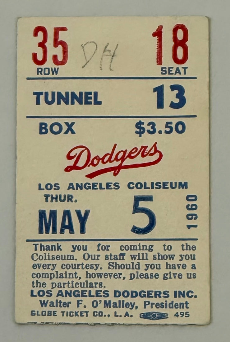 1960 Los Angeles Dodger Game Played in the Coliseum, 5/5/1960, Hank Aaron Hit Home Run