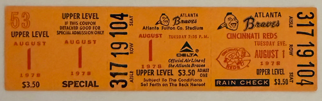 August 1, 1978, Pete Rose 44 Game Hit Streak Ended by Gene Garber-Full Ticket-$250