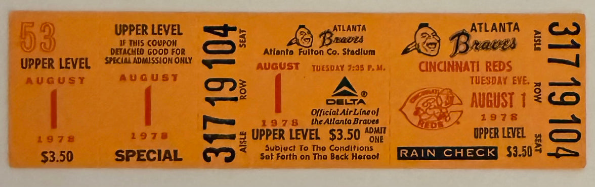 August 1, 1978, Pete Rose 44 Game Hit Streak Ended by Gene Garber-Full Ticket-$250