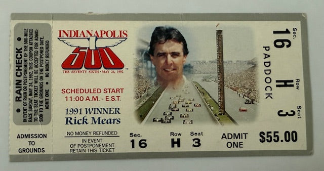 1992 Indianapolis 500 Ticket Stub, 1991 Winner Rick Mears pictured on ticket