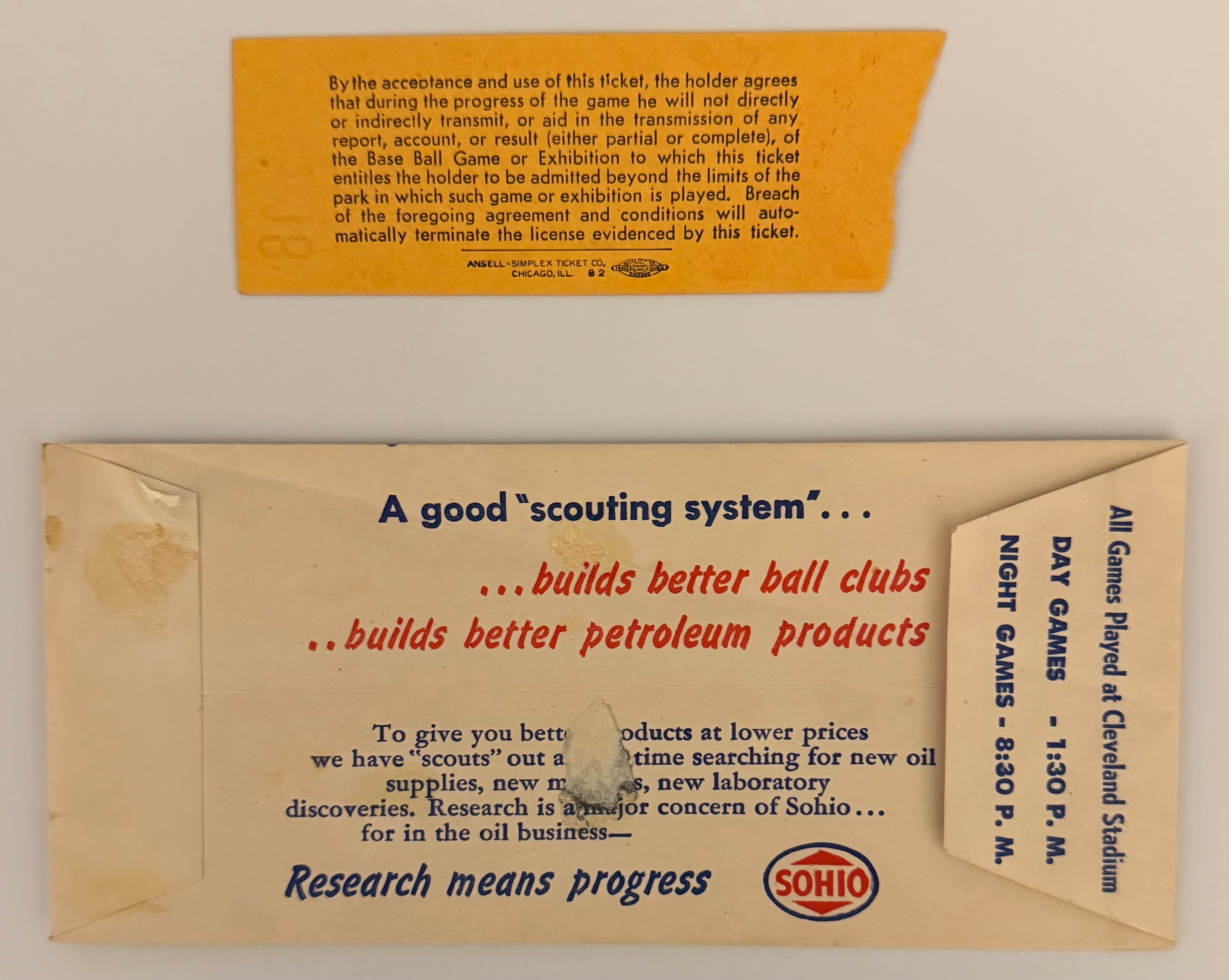 September 2, 1947, Indians versus Browns (with Ticket Envelope)