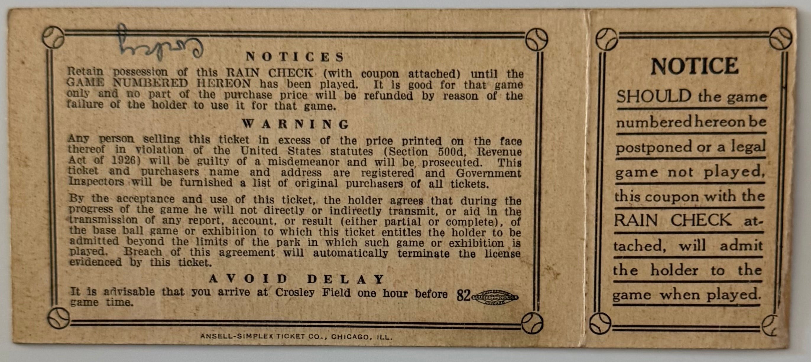 1940 World Series, Game 7, Reds versus Tigers, Ticket Excellent Condition, Writing on Back