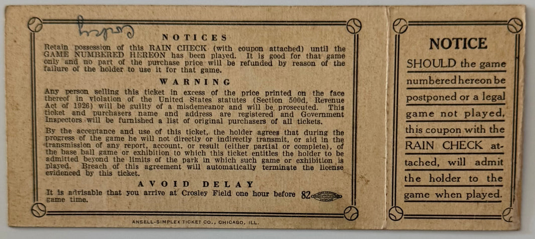 1940 World Series, Game 7, Reds versus Tigers, Ticket Excellent Condition, Writing on Back