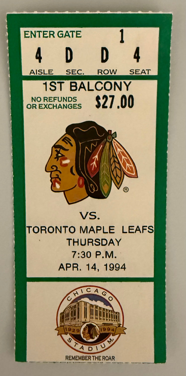 1994 Remember the Roar Final Regular Season Game for  Chicago Blackhawks at Chicago Stadium Chicago Blackhawks versus Toronto Maple Leafs, April 14, 1994