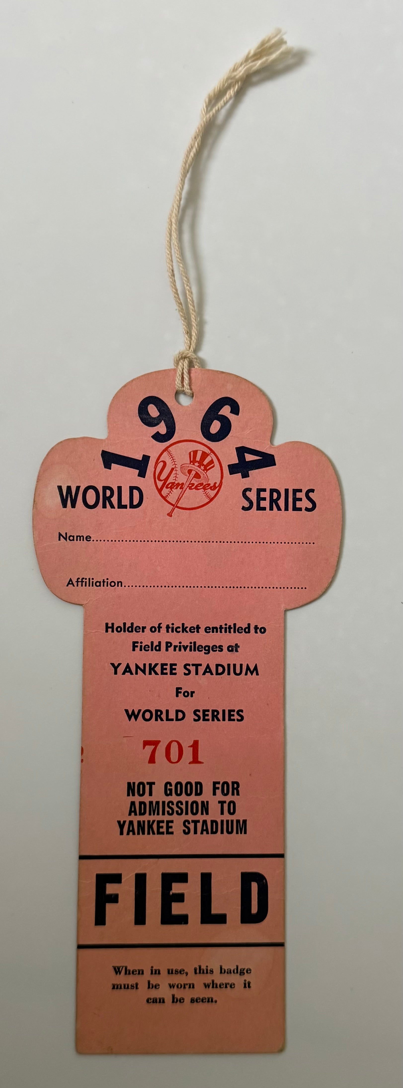 1964 Yankees World Series Field Level Press Pass