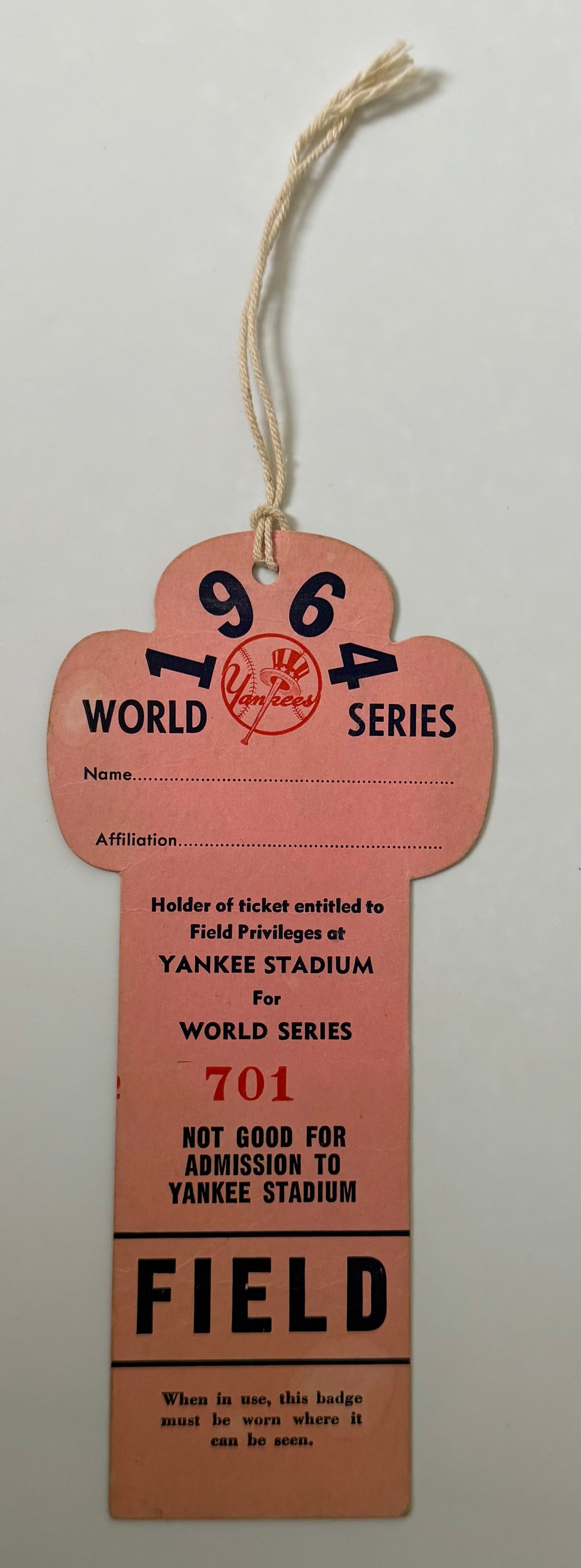 1964 Yankees World Series Field Level Press Pass