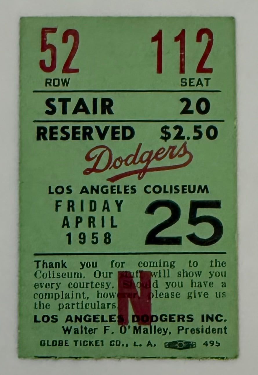 1958 - Dodgers vs Cardinals at Los Angeles Coliseum, 4/25/58, Stan Musial goes 4-4