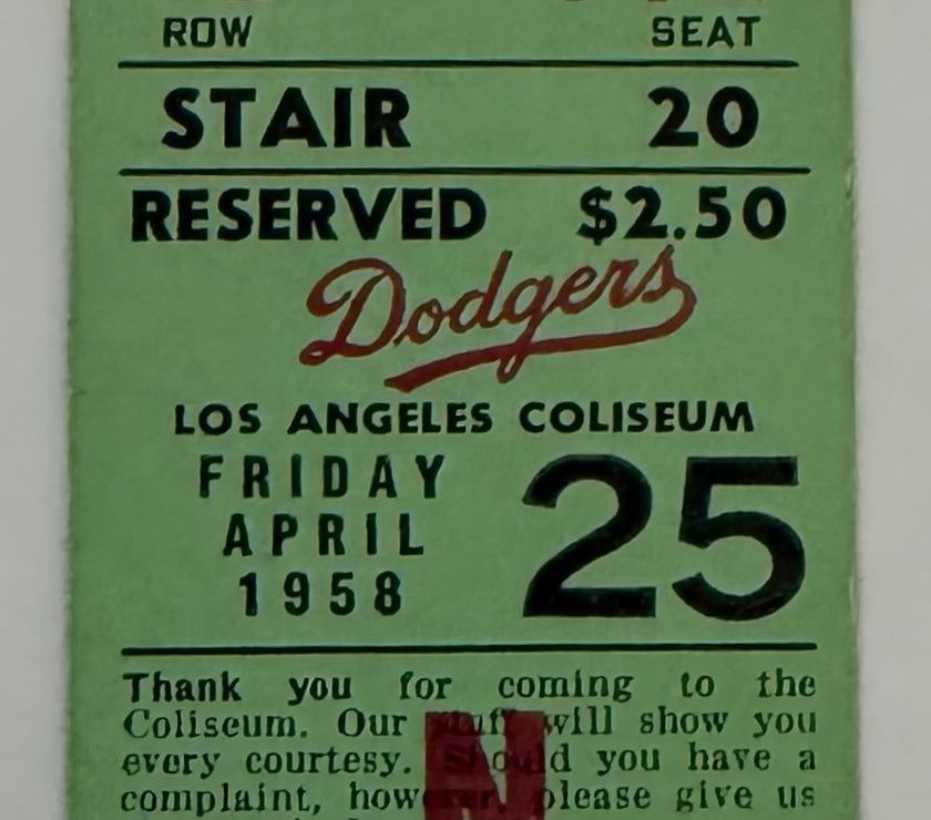 1958 - Dodgers vs Cardinals at Los Angeles Coliseum, 4/25/58, Stan Musial goes 4-4