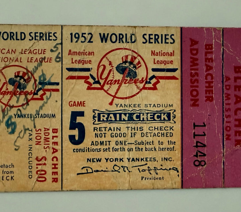 1952 World Series Stub versus Brooklyn Dodgers from Yankee Stadium ,Game 5,  Mickey Mantle Hits Grand Slam, Jackie Robinson Has 2 Hits Writing on Front, Poor Condition