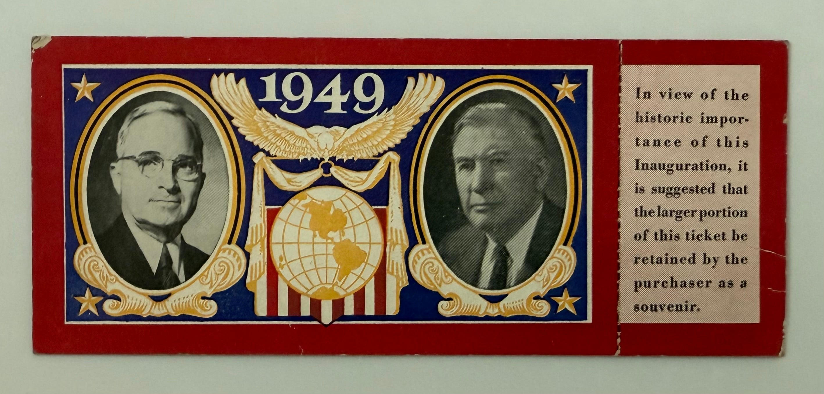 1949 Full Ticket to the Inauguration of Harry Truman and Alban Barkley, January 20, 1949