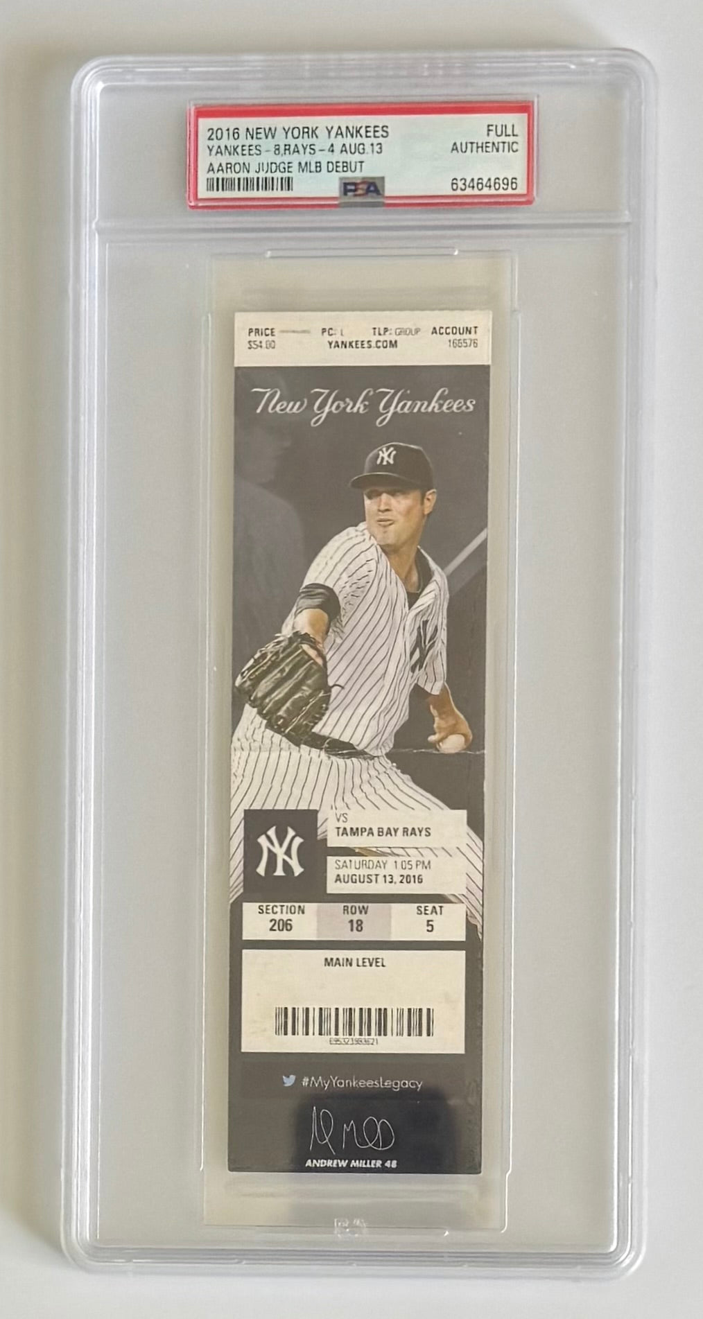 2016 New York Yankees Ticket, Graded PSA Full Authentic, Aaron Judge MLB Debut and HR #1, 8/13/16