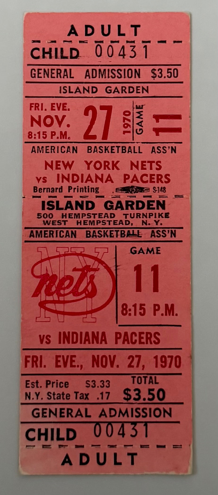 1970 American Basketball Association Game between New York Nets and Indiana Pacers, November 27, 1970