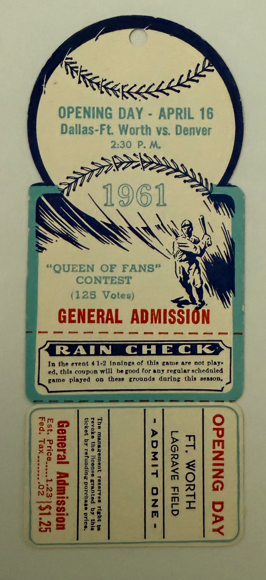 1961 Die Cut Ticket, Opening Day Dallas Fort Worth versus Denver, Lagrave Field