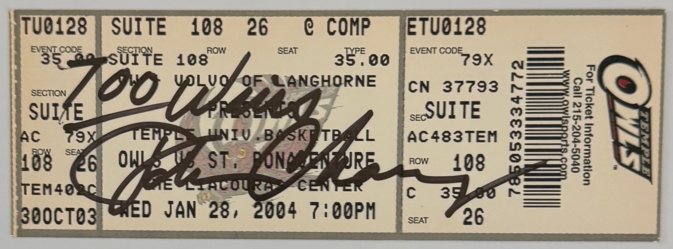 January 28, 2004, John Chaney 700th Victory, Autograph Appears Authentic