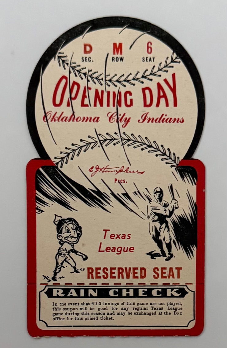1949 Die Cut Ticket, Opening Day of the Oklahoma Indians, Texas League, April 13, 1949