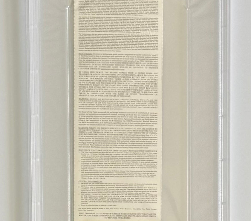 2011 Full Unused Ticket, July 9, 2011, Derek Jeter 5/5 Hits HR for 3000th Hit, PSA Graded