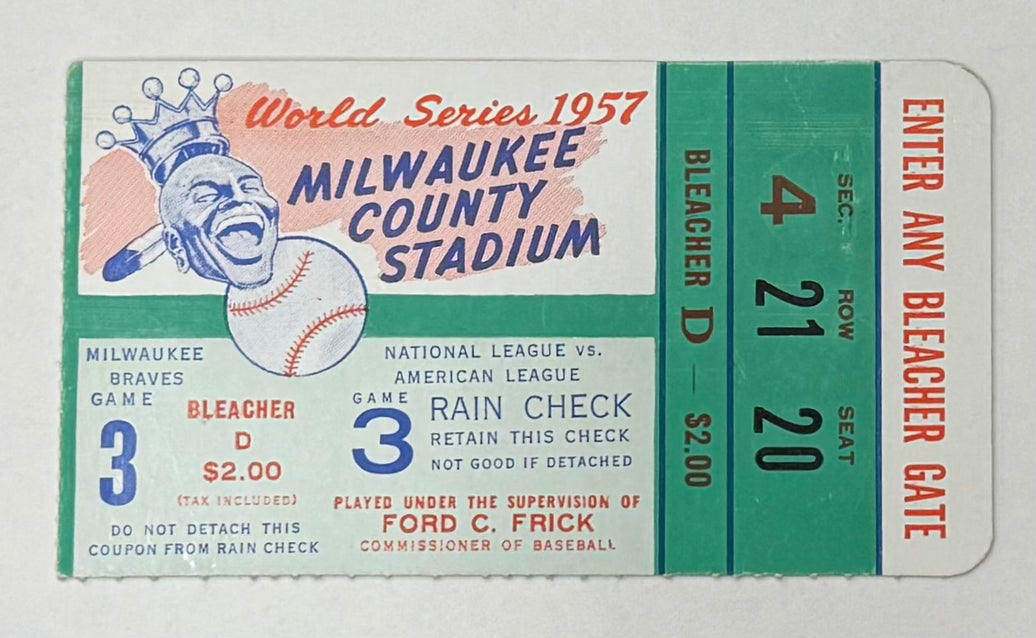 1957 World Series Game 3, Mantle/Aaron HR, Braves Defeat Yankees 12-3, 2 Parking Passes Included, 10/5/57
