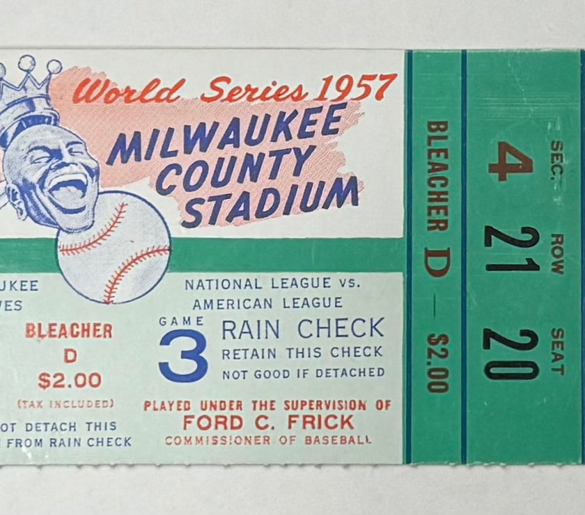 1957 World Series Game 3, Mantle/Aaron HR, Braves Defeat Yankees 12-3, 2 Parking Passes Included, 10/5/57