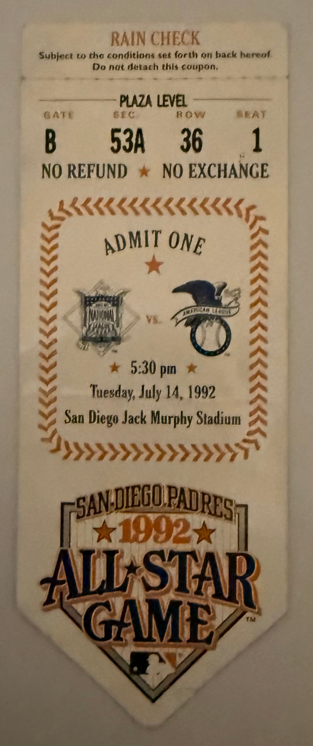 1992 MLB All-Star Game Played in San Diego, 7/14/1992, Crease