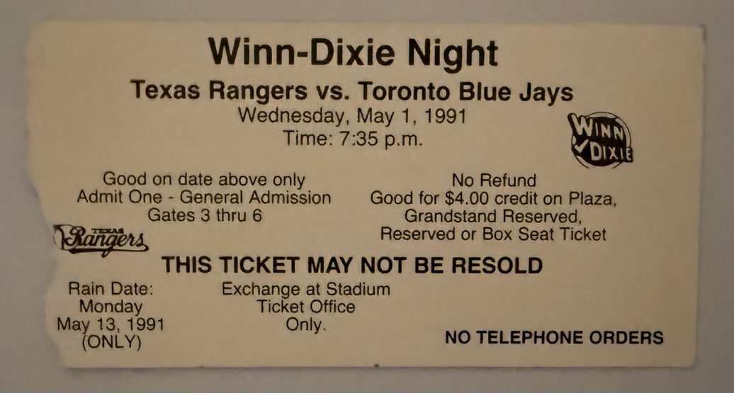 1991 Winn Dixie Ticket to Nolan Ryan‘s 7th No Hitter, 5/1/1991