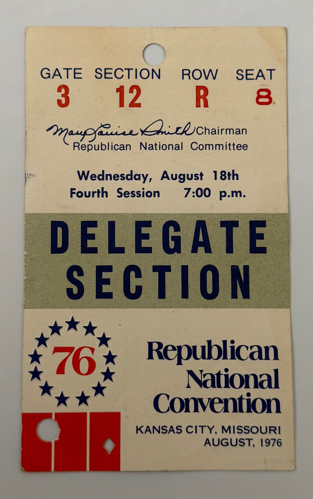 1980 Badge for the Delegate Section of the Republican National Convention in Kansas City, August 18, 1976