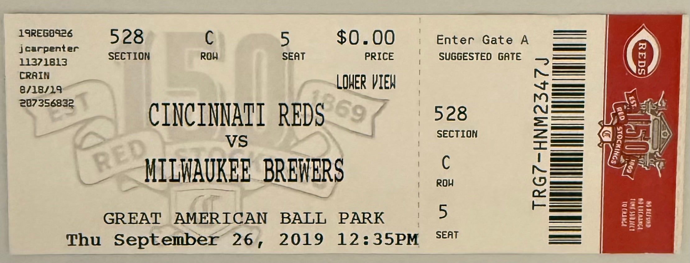 September 26, 2019, Reds versus Brewers, Marty Brennaman Final Game