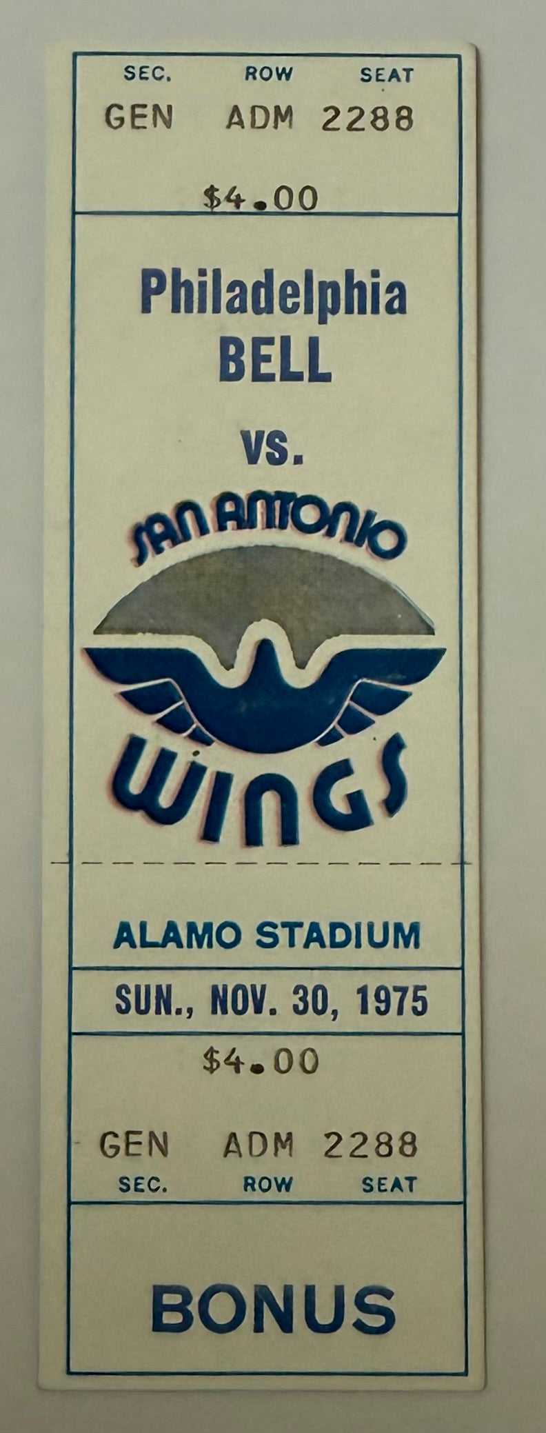 1975 WFL Philadelphia Bell versus San Antonio Wings at Alamo Stadium, November 30, 1975 at Alamo Stadium