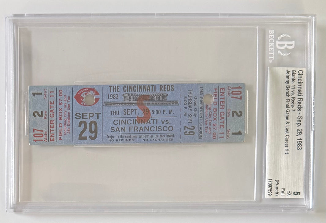 September 29, 1983, Johnny Bench Final Game/Hit, Full Ticket, Beckett G5