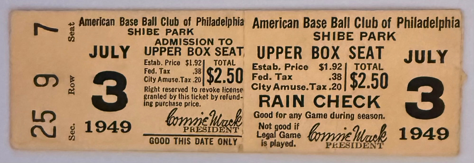 July 3, 1949, Philadelphia A's versus Boston Red Sox, Writing on Back