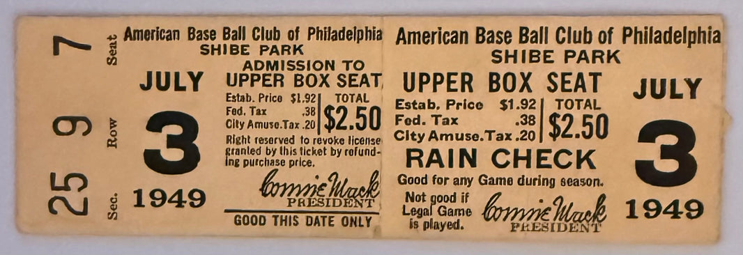 July 3, 1949, Philadelphia A's versus Boston Red Sox, Writing on Back